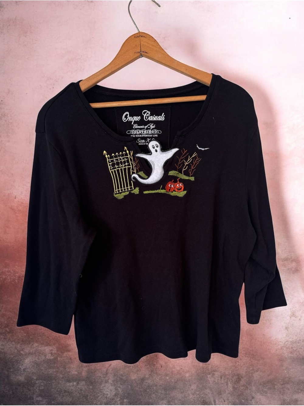 Vintage Y2K Onque Casuals Halloween Top XL Ghost Pumpkin Embroidered